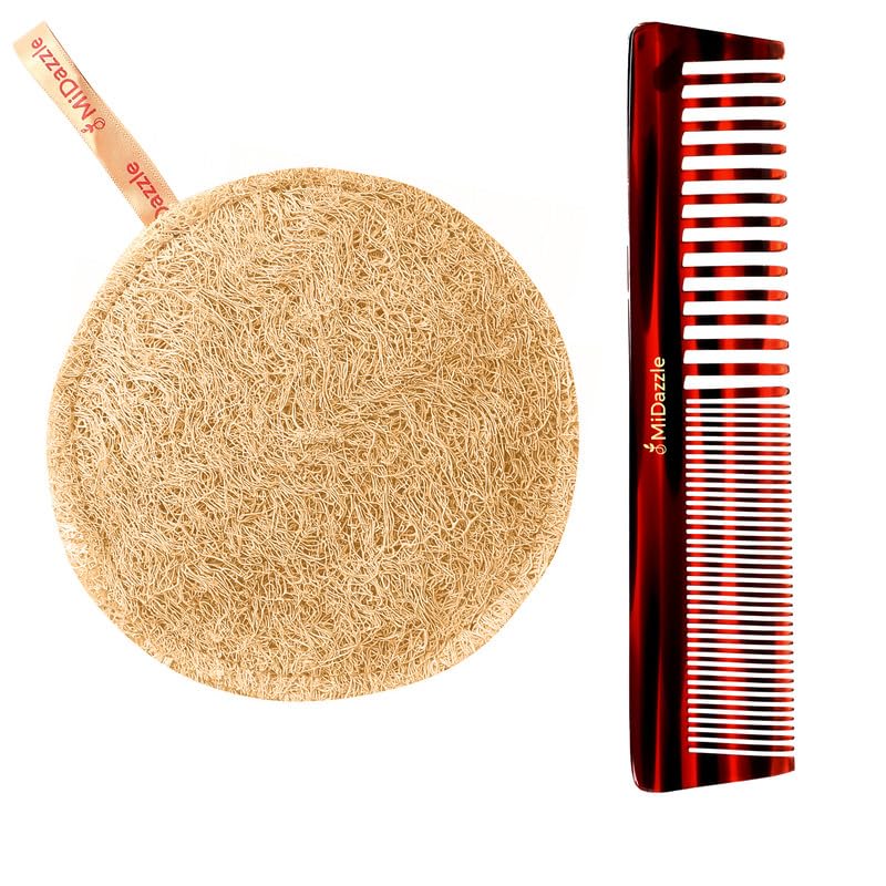 midazzle body scrubber sun dried bath loofah | body sponge for men & women | loofah for bathing (round) with handmade graduated dressing handcrafted hair comb for men and women mihc2211 - set of 2