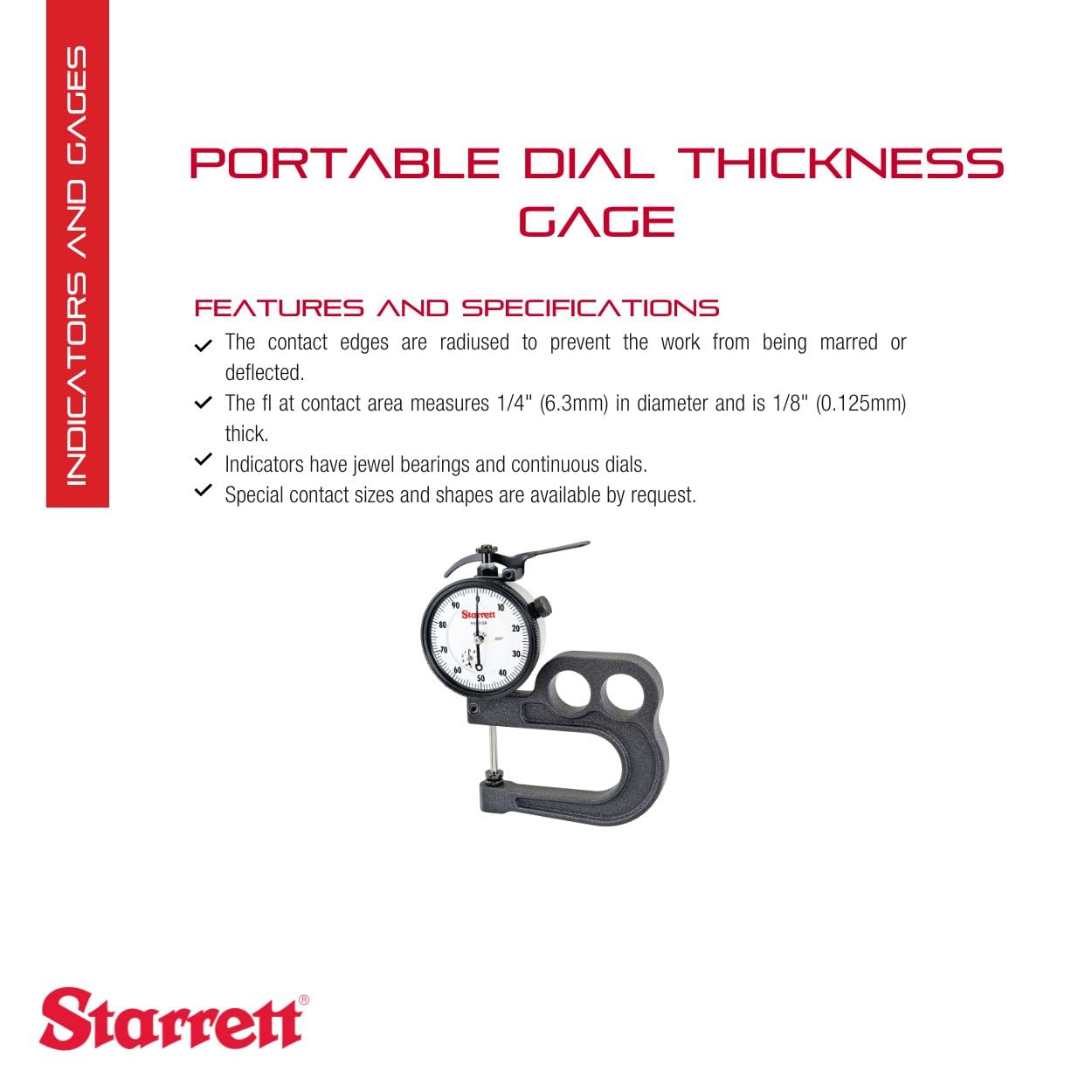 Starrett Portable Dial Thickness Gage for Accurate Size Reading Without Case - 1" Range, .001" Graduation, 0-100 Dial Reading, 2-1/2" Throat Depth - 1015B