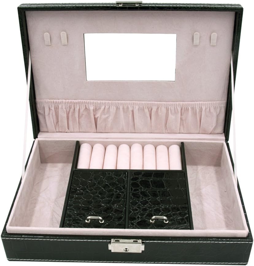 PU Leather Jewelry Organizer Storage Case for Ring&Earrings Bracelet, with Mirror, Lock and Key (Black)