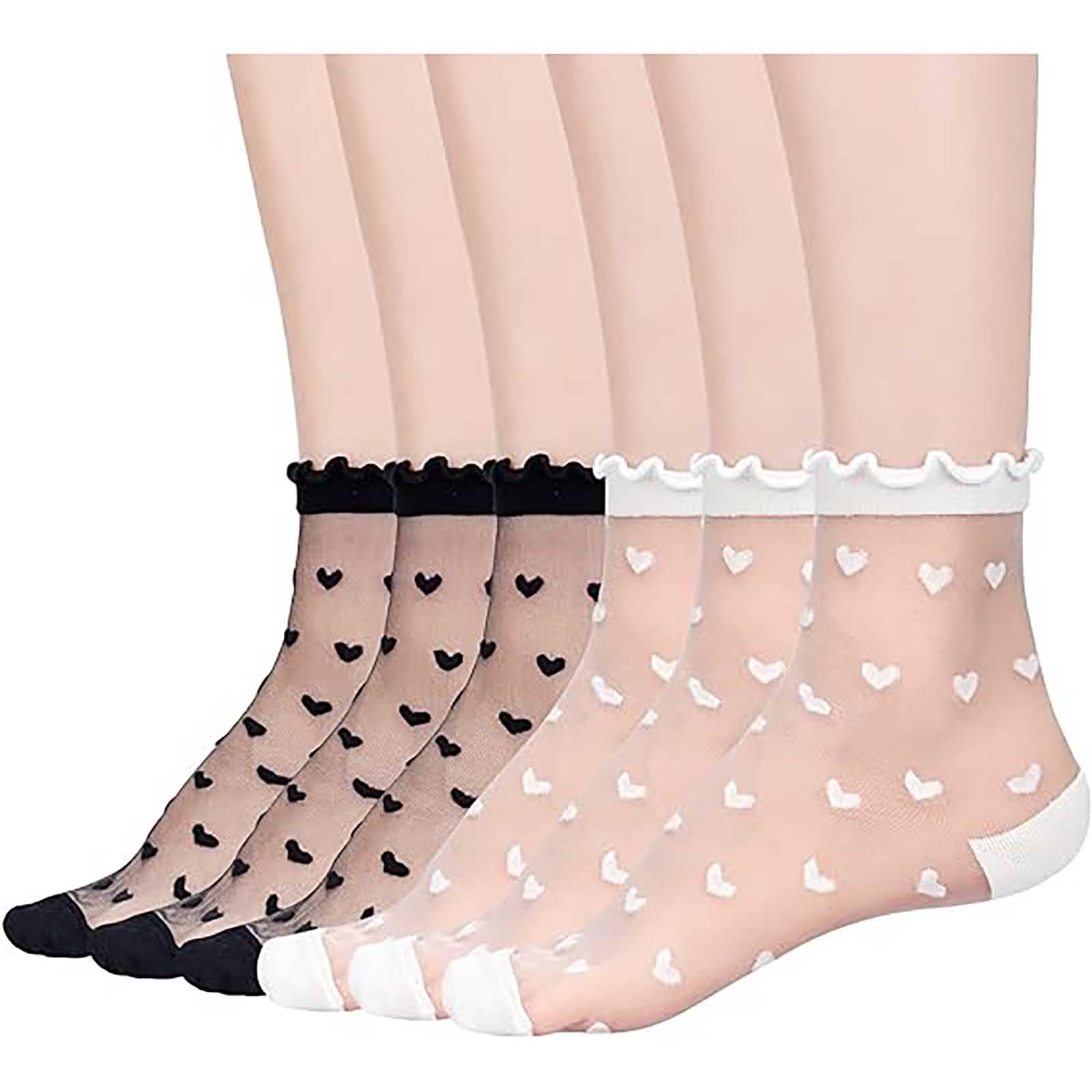 Tazweeq Women's Ruffle Sheer Socks, Mesh Casual Lace Socks, Summer Ultra-thin Cool See-through Ankle Socks (Black, White 3 Pairs Each), Black and white, S