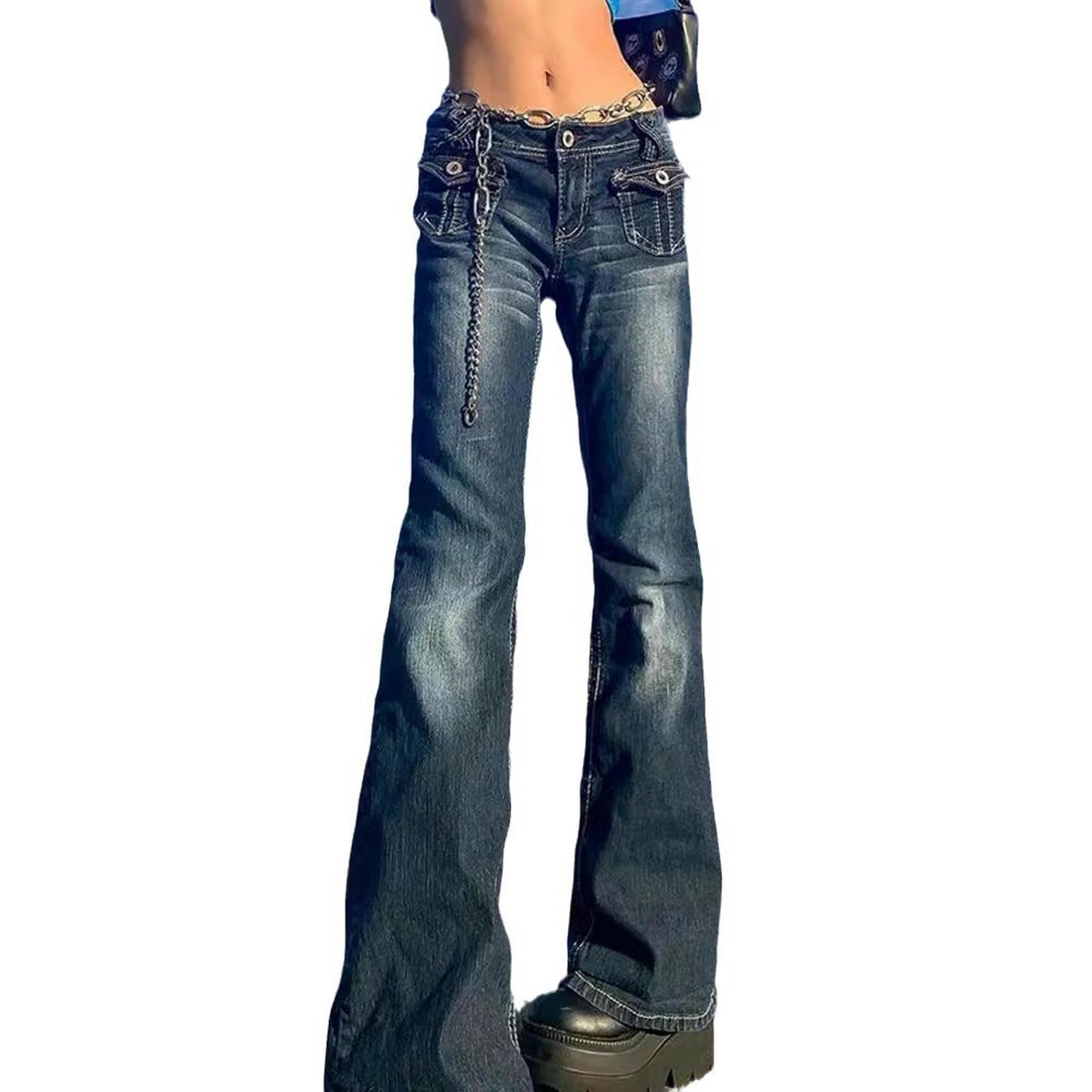 Jeans da Donna Svasati Elasticizzati Donna, Pantaloni A Vita Medio-Bassa, vestibilità Ampia, Vintage Invecchiati-Blu Scuro-2xl
