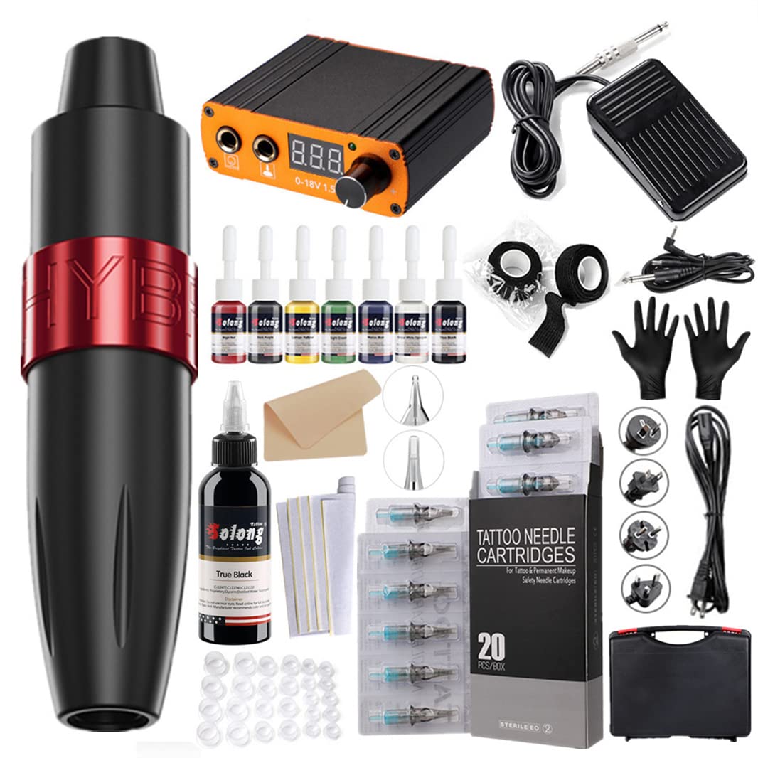 Kit penna rotativa per tatuaggi - Macchina per tatuaggi con corsa da 3,5 mm con alimentatore digitale, pedale, 20 cartucce miste, pelle per esercitazione,