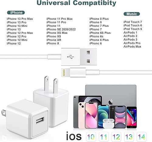 Miniatura 7 de Cargador de iPhone, cargador de viaje para iPhone, paquete de 2 unidades, cable Lightning de 6 pies, cable de carga rápida USB, cargadores de pared,