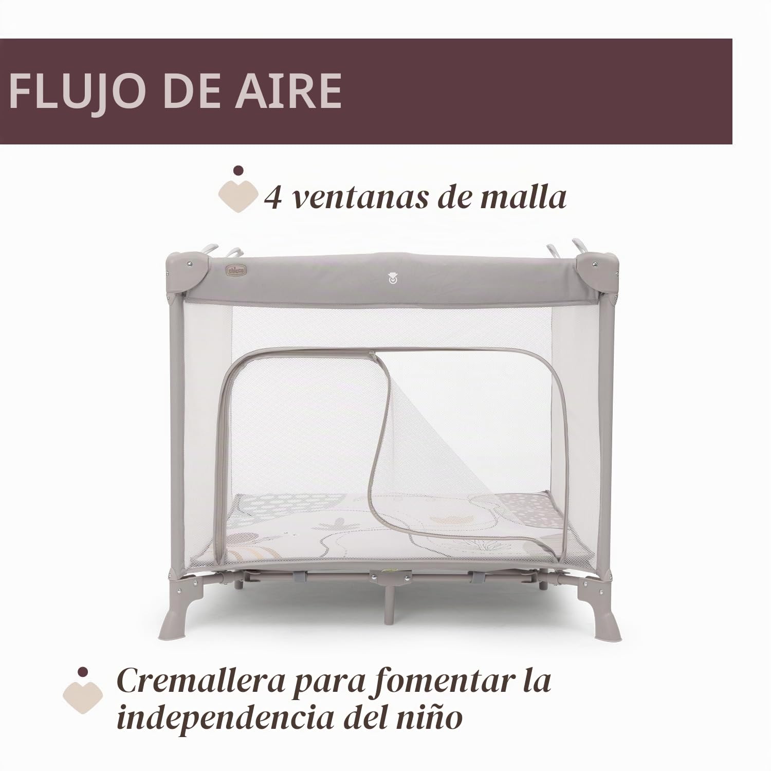 Chicco Open Box Square para bebés y niños pequeños desde el nacimiento hasta los 15 kg, plegable y compacto, con alfombrilla de juego, ventanas de malla, 4 asas y bolsa de viaje, gris