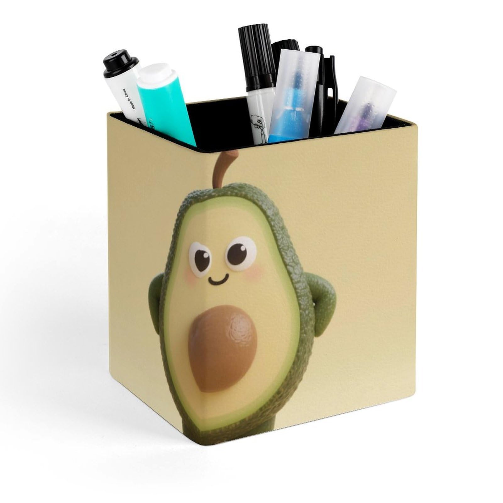 DWVTSLH Aesthetic Pen Holder for Desk - Modern Leather Pencil Holder - Stylish Square Makeup Brush Holder - Cute Avocado Pen Cup Cute And Functional Desk Organizer for Office Supplies