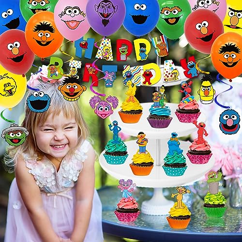 Sesame Friends Street Birthday Party Supplies, Party Decorations Set Include Banner, Backdrop, Balloons, Hanging Swirls, Cake Cupcake Toppers, Tablecloth for Boys Girls Sesame Theme Party - Thumbnail 4