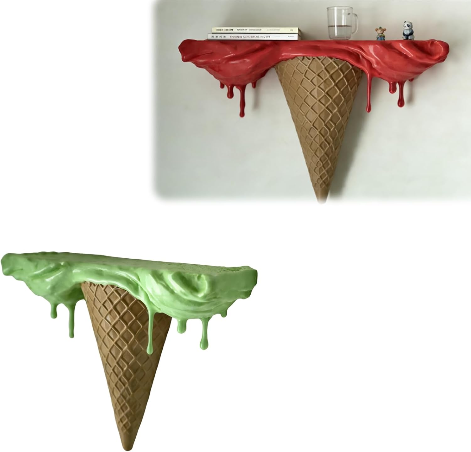 Ice Cream Cone Wall Shelf – Decorative Drip Design, Magnetic & Detachable, Fun Functional Shelf for Home (Green)
