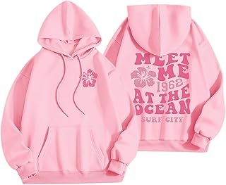 Lubpow Cute Pink Flower Hoodie for Woman Preppy Sweatshirts Trendy Puff Print Letter Graphic Hoodies Casual Pullover Tops