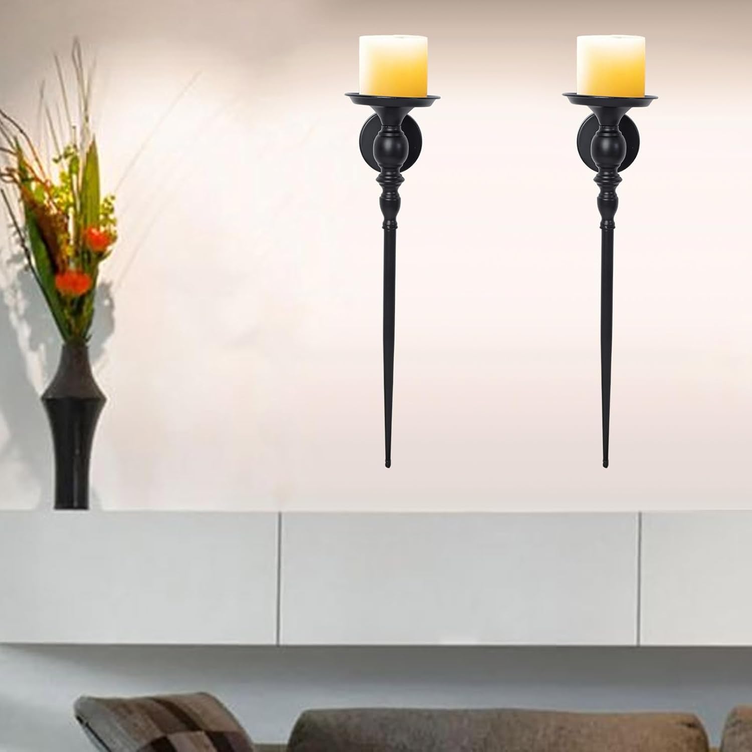 Set of 2 Elegant Large Wall Mounted Metal Candle Sconces for Home Decors Black Iron Hanging Candle Holder Candlestick