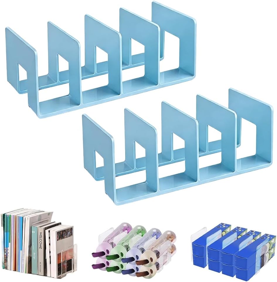 Book Organizer with 4 Compartments, 2026 New Acrylic File Sorter Clear Desktop Book Organizer Holder Divider Shelf for Office 4-Section Folder Mail Binder for desk (Blue)