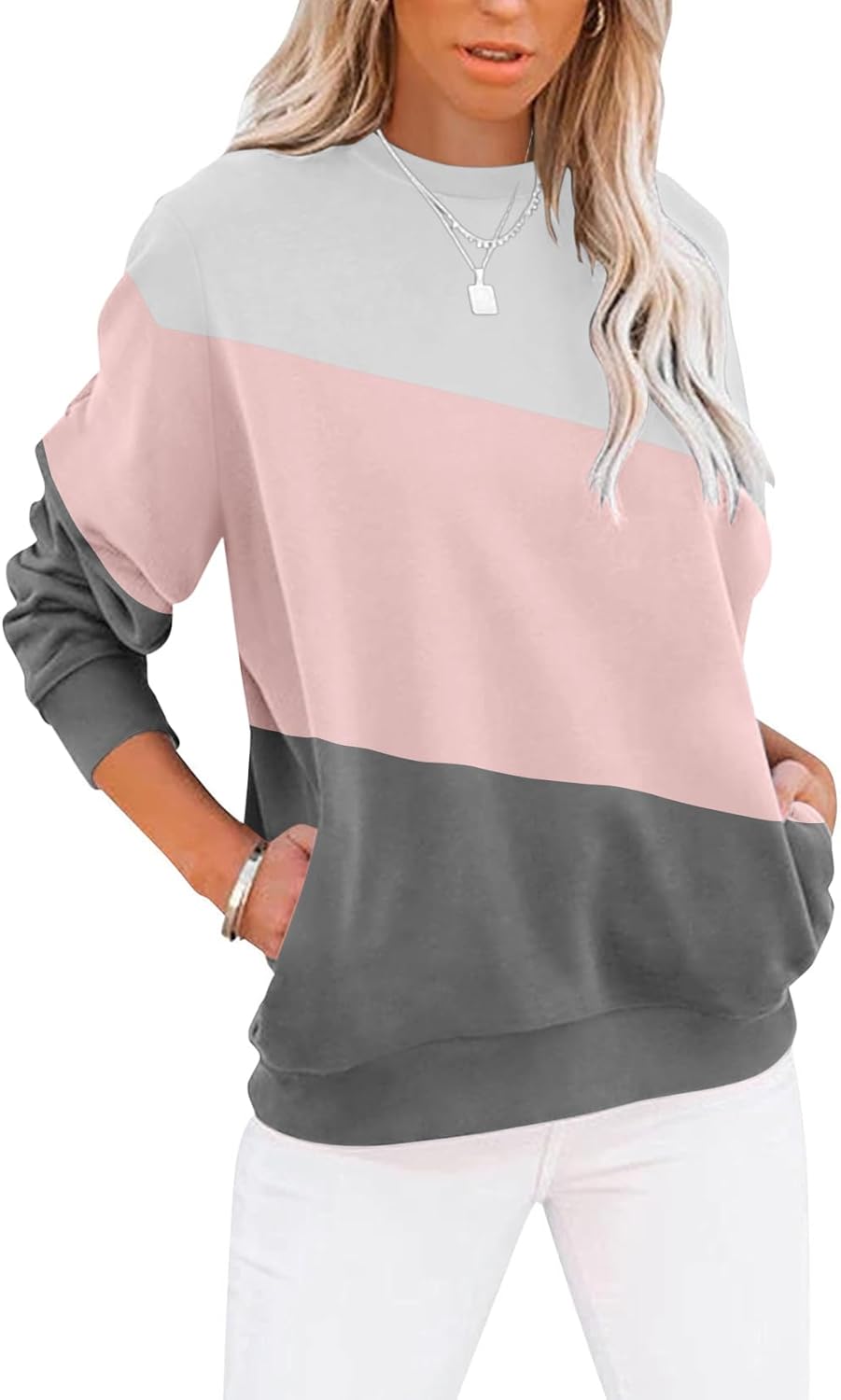 TICTICMIMI Women's Casual Long Sleeve Color Block/Solid Tops Crewneck Sweatshirts Cute Loose Fit Pullover with Pockets