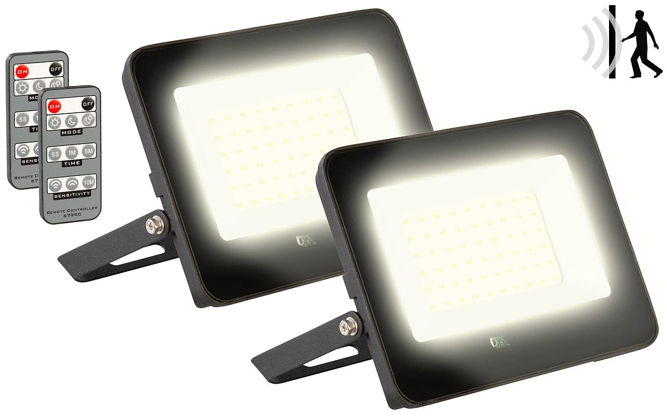 Luminea LED-Fluter warmweiß: 2er-Set Wetterfester LED-Fluter, Radar-Bewegungssensor, 50W, 3.000K (Hoflampen mit Bewegungsmelder, Leuchte Funkbewegungsmelder)