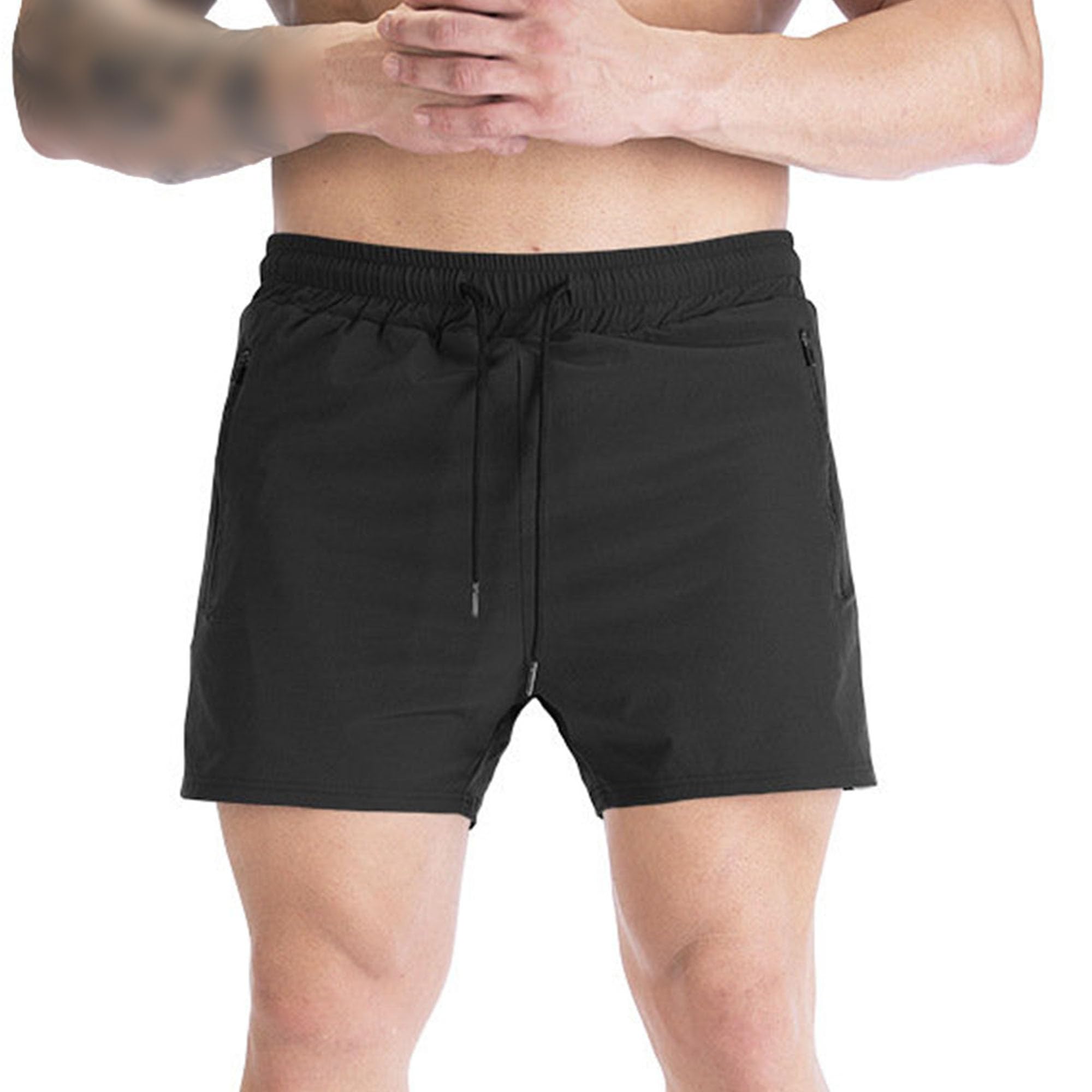 Mens Gym Bodybuilding Shorts Elastic Waist Athletic Running Short Drawstring Zipper Pockets Workout Short Pant