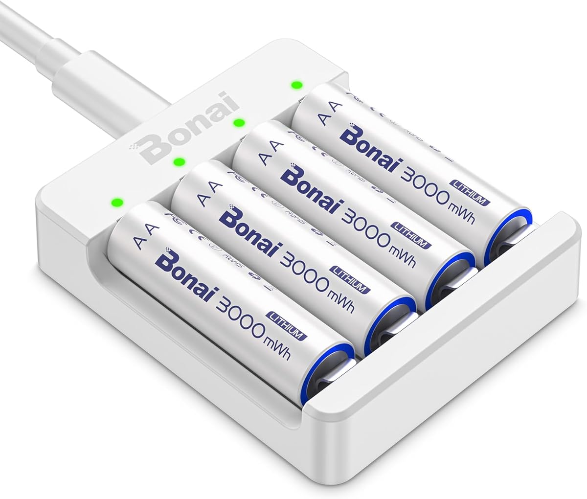 BONAI Rechargeable Lithium AA Batteries with Charger, 1.5V AA Batteries for Blink Camera 4 Count with 1.5H Fast Charge-White