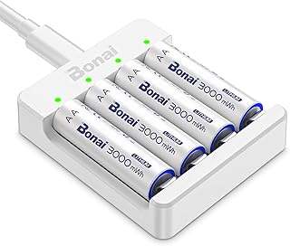 BONAI Rechargeable Lithium AA Batteries with Charger, 1.5V AA Batteries for Blink Camera 4 Count with 1.5H Fast Charge-White