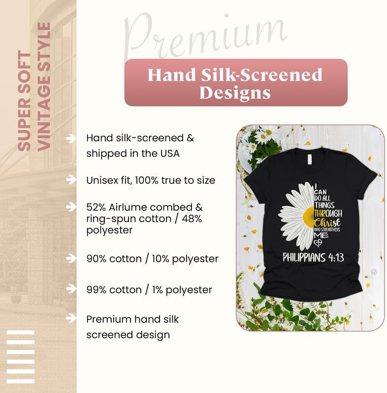 Love in Faith Christian Shirts for Women | I Can Do All Things Daisy | Faith Shirts for Women – Christian T Shirts - Image 5