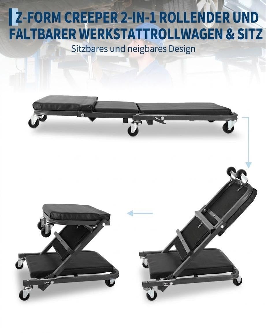 2-in-1 Montagerollbrett, Werkstattliege, 6 Rollen, 136 kg, Schwarz