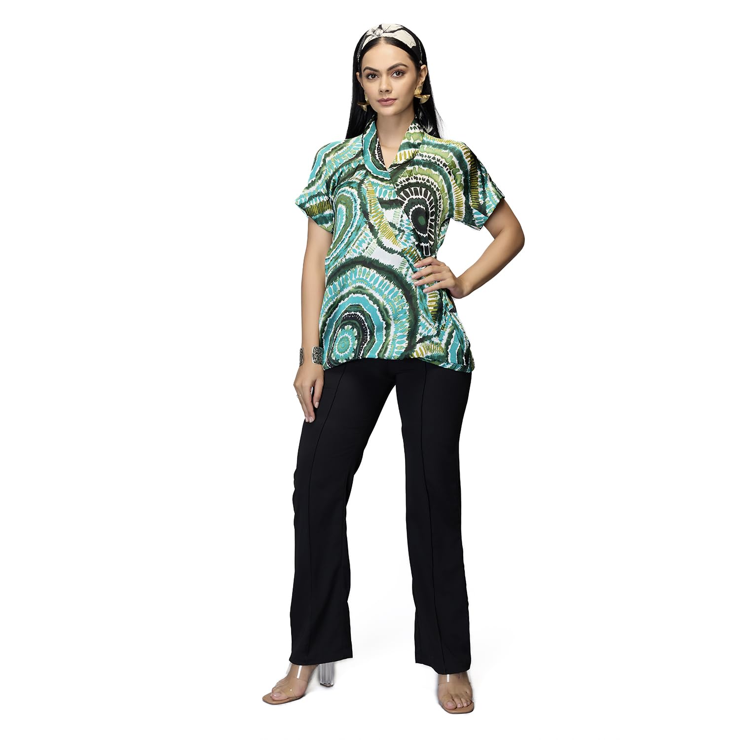 Women’s Printed Relaxed Fit Top, Vibrant Pattern, V-Neckline, Short Sleeves, Versatile Lightweight Tunic Top-image-14