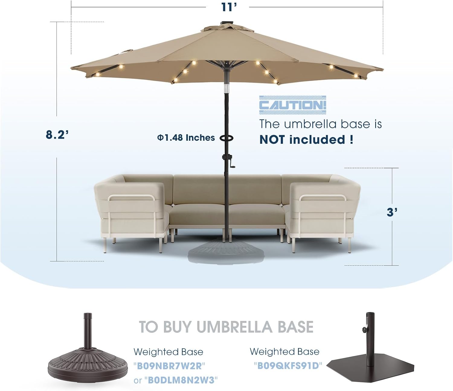wikiwiki 11ft Solar Led Patio Umbrella, Sturdy Outdoor Market Umbrella for Deck, Pool, Garden w/Tilt, Crank, 32 LED Lights, Tan