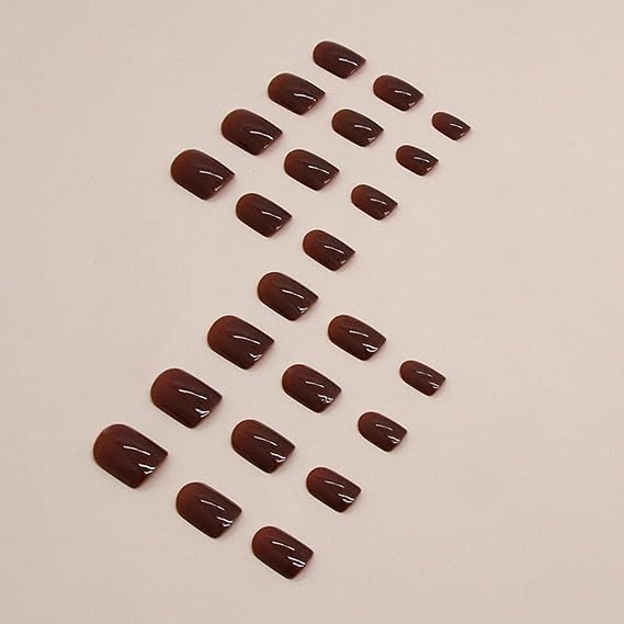 24pcs Short Square False Nails - Chocolate Brown Color Stick on Nails - Press on Nails Removable Glue-on Fake Nail Women Girls Nail Art Accessories