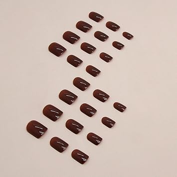 24pcs Short Square False Nails - Chocolate Brown Color Stick on Nails - Press on Nails Removable Glue-on Fake Nail Women Girls Nail Art Accessories