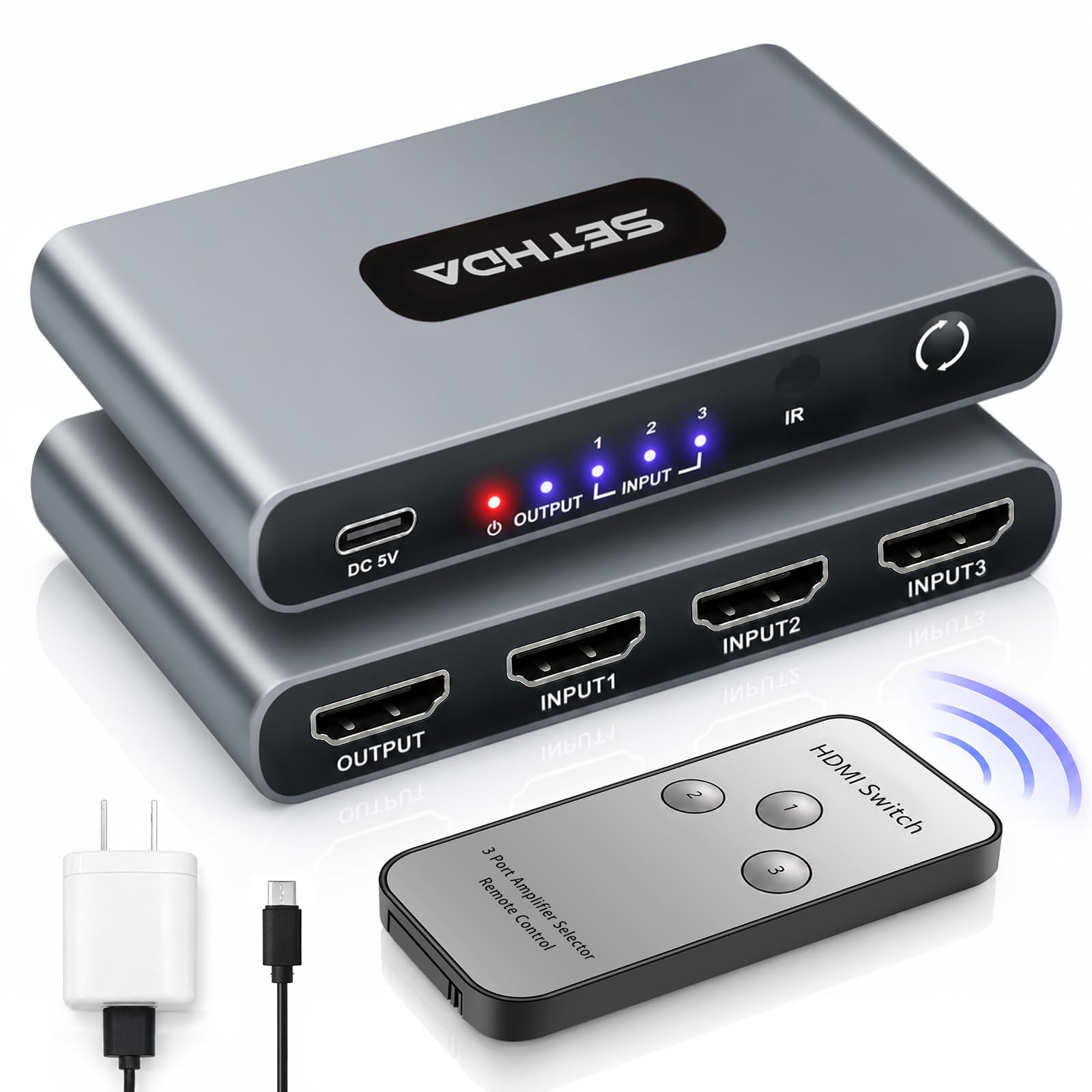 Interruttore HDMI2.0 3 in 1 Out, 4K @ 60HZ UHD HDMI Switch Box con telecomando e adattatore di alimentazione, commutatore HDMI multifunzione supporta HDCP 2.2 HDR 10+ CEC 3D, Dolby Audio