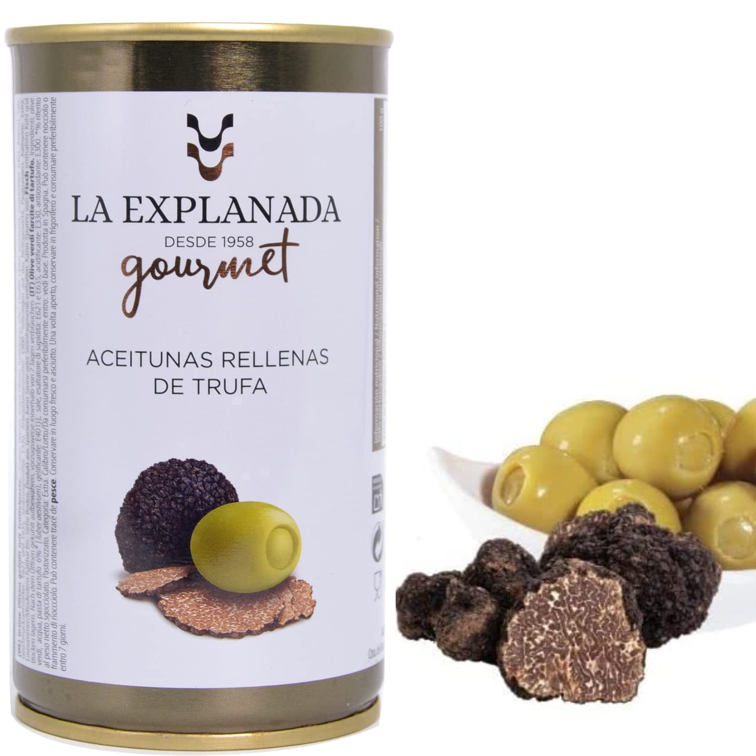 A.S. Cazorla - Packung mit 15 Dosen trüffelgefüllter Oliven Explanada gourmet - Cazorla-Oliven - gefüllte Manzanilla-Oliven - Dosenformat - Nettoabtropfgewicht 150 g - Herkunft Spanien