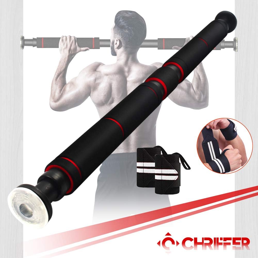 Chriffer Pull Up Bar, Chin up Bar for Doorway, Heavy Duty Door Exercise Bar Without Screw Installation, 26 to 39 Inches Adjustable Length for Home Gym Body Workout Fitness with 1 Pair of Bracers
