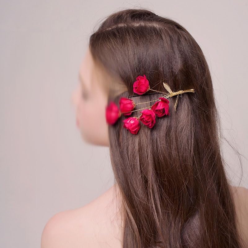 Chinese Vintage Red Wedding Flower Fabric Rose Bridal Hair Clip image 3