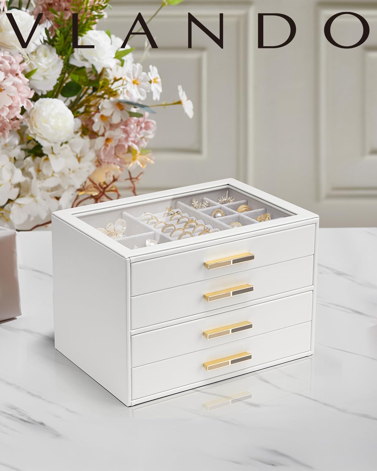 Vlando Joyero grande con 4 niveles, organizador de joyas con tapa de cristal, 4 cajones, para collares, pendientes, relojes, pulseras, almacenamiento de joyas, moderno, Cenicienta Plus, color blanco