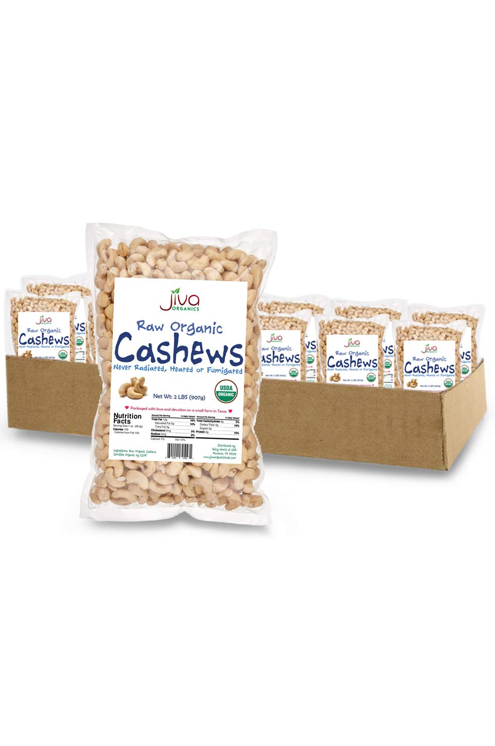 Jiva Organics Raw Organic Cashews (Whole) 2 Pound Bag PACK OF 12