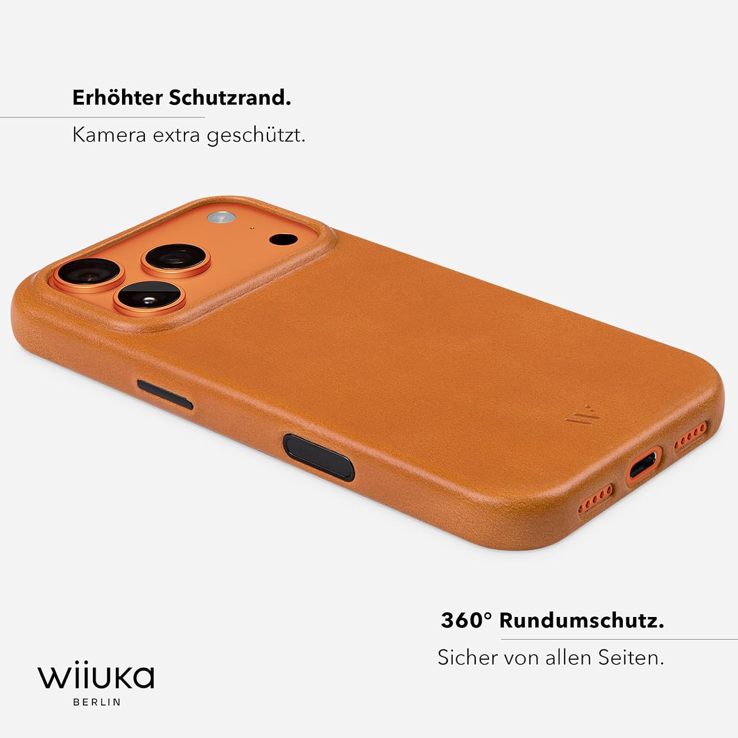 WIIUKA Case for iPhone 17 Pro, Leather from Germany, 360° Protection, Leather Extra Thin, Premium Mobile Phone Case, Qi, Skiin VL, Orange image 5