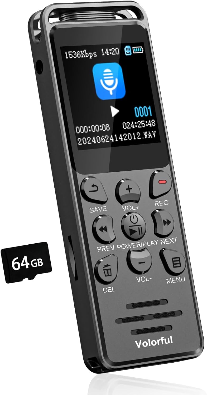 80GB Diktiergerät Digital 70 Std Aufnahmegerät, Volorful 1,44" Farbbildschirm Voice Audio Recorder, MP3 Player, USB-C Diktiergeräte mit Spracherkennung/Wiedergabe für Meeting Interview Vortrag