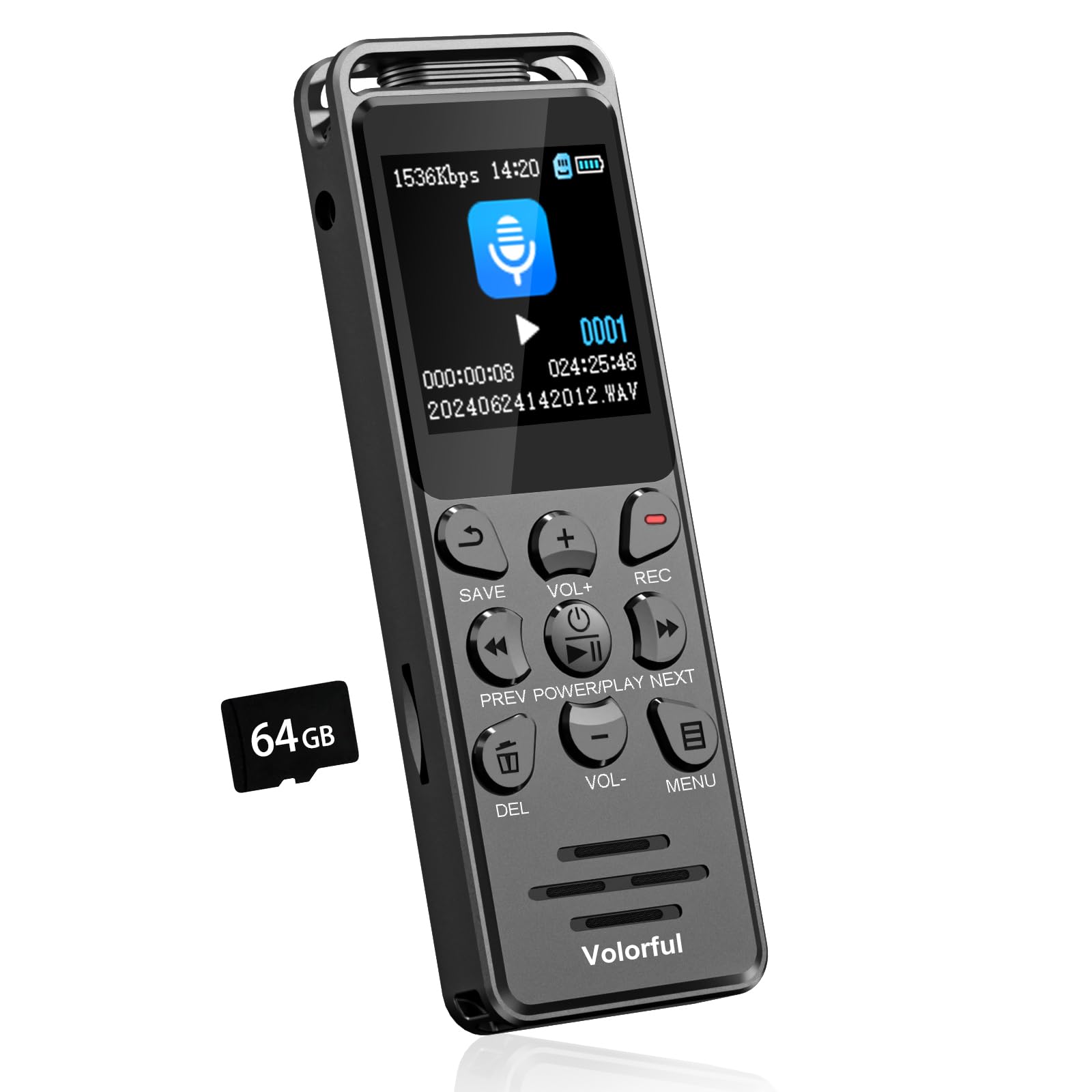 80GB Diktiergerät Digital 70 Std Aufnahmegerät, Volorful 1,44