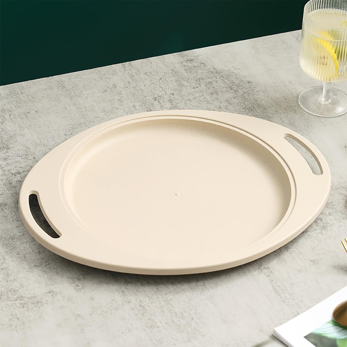 P-PLUS INTERNATIONAL Wheat Straw Cafeteria Tray Restaurant Serving Trays Serving Platter Unbreakable Deep Dinner Plates Set Wheat Straw Dinnerware Kitchen Plates for Daily Use (34cm, Beige, Set of 1) 2