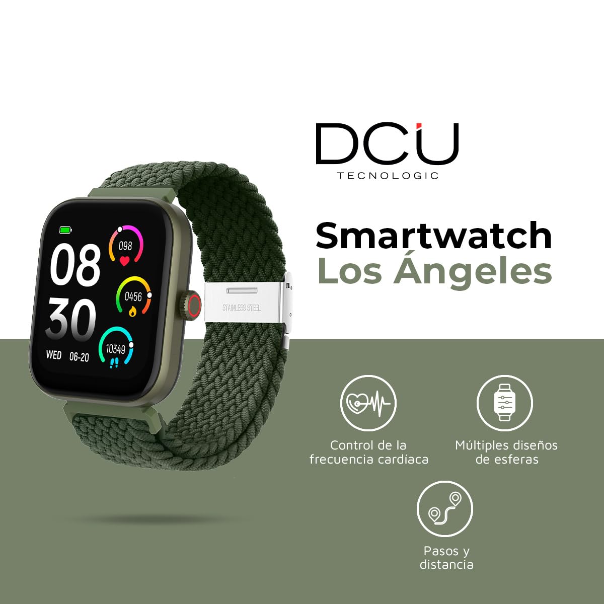 DCU TECNOLOGIC - Smartwatch Los Ángeles - Reloj Inteligente - Incluye 2 Correas: Silicona y Nailon - Pantalla Táctil TFT 1,8'' - 22 Modos de Deporte
