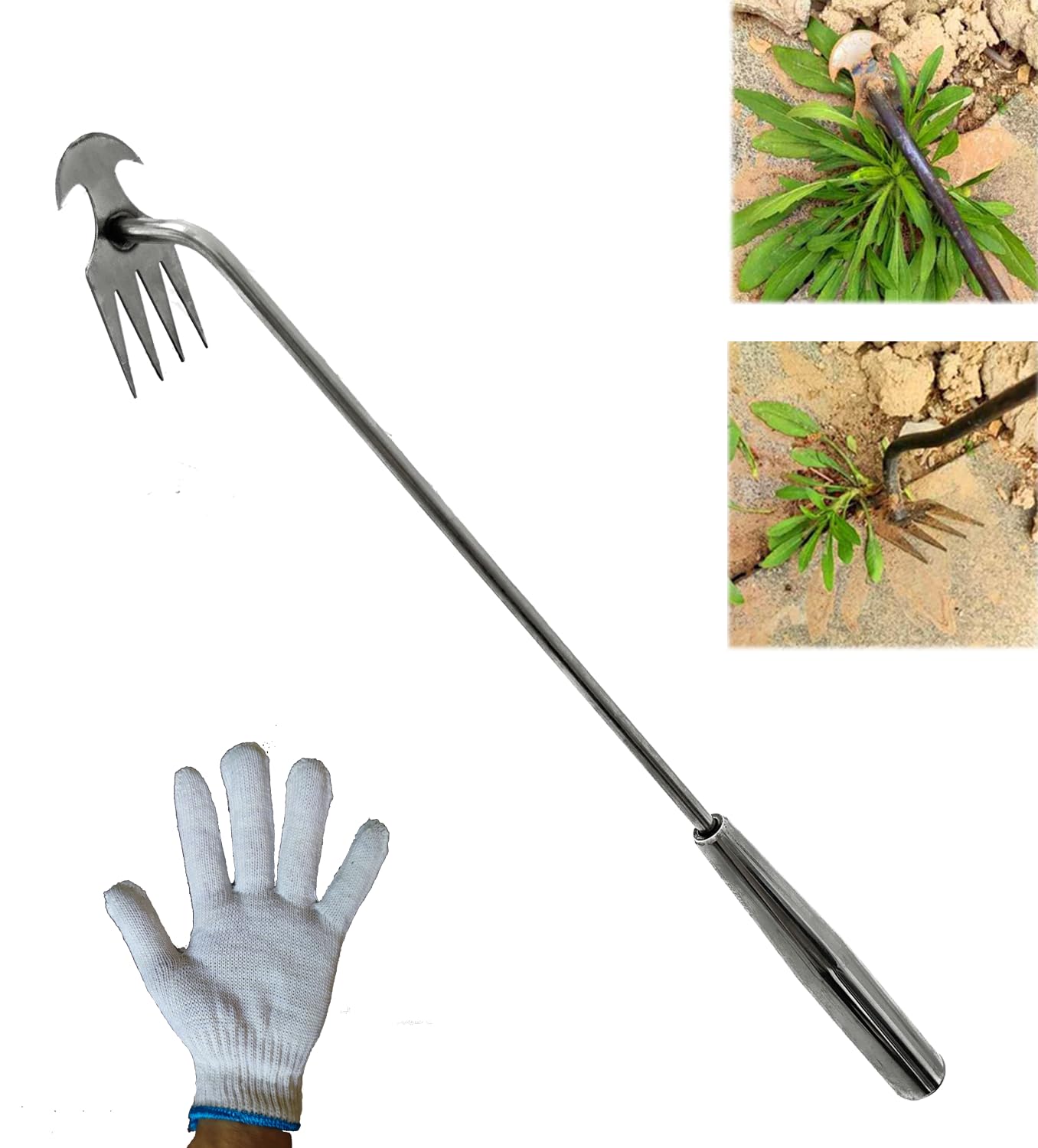 Photo 1 of 2023 New Weeding Artifact Uprooting Weeding Tool, Premium Manganese Steel Forged Weed Puller 4 Teeth Dual Purpose Weeder, Hand Weeder Tool for Gardening with Long Handle (19.6 inch stainless steel)