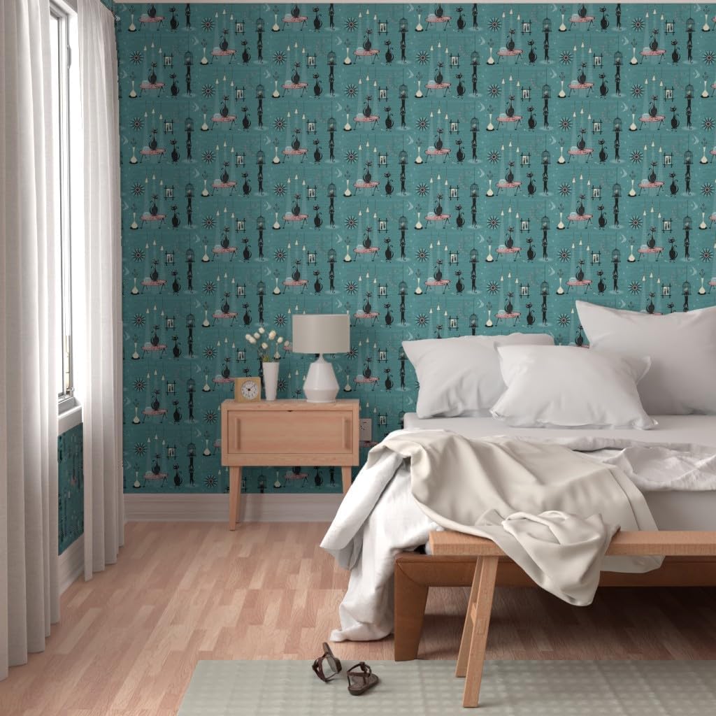 Peel & Stick Wallpaper Swatch - Mid Century Kitty Retro Birds Fish Cat Kitten 1950S Cats Custom Removable Wallpaper by Spoonflower