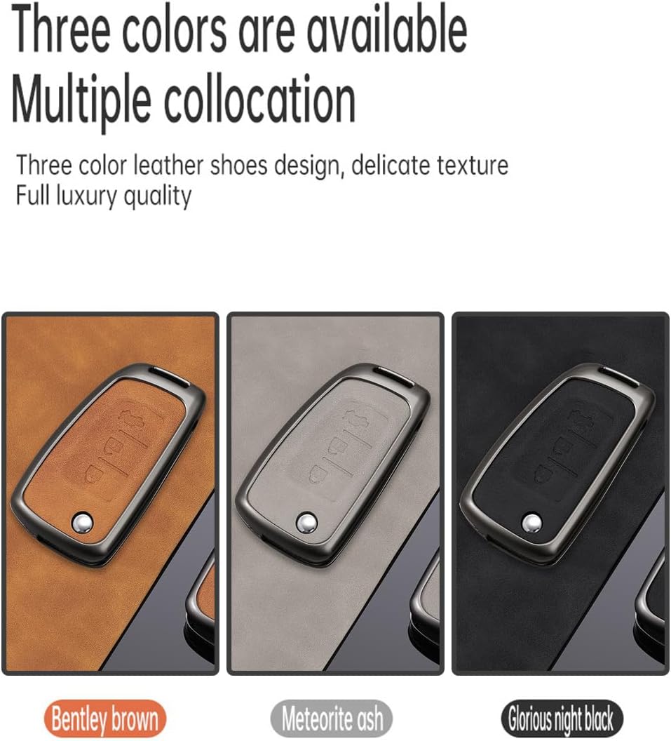 HIBEYO Folding Key Fob Cover Compatible with Nissan Rogue Select Sport Sylphy Pulsar Sentra Accessories Leather& Zinc Alloy Key Case Holder with Keychains-3 Button (A Type) Black