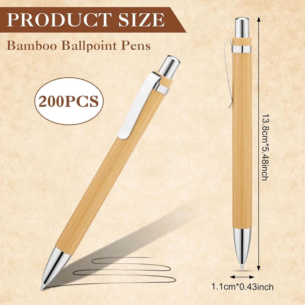 200 penne a sfera in bambù retrattili, inchiostro nero in bambù, penna da 1 mm, penne sostenibili, durevoli, facili da usare, 13,5 x 1,1 cm