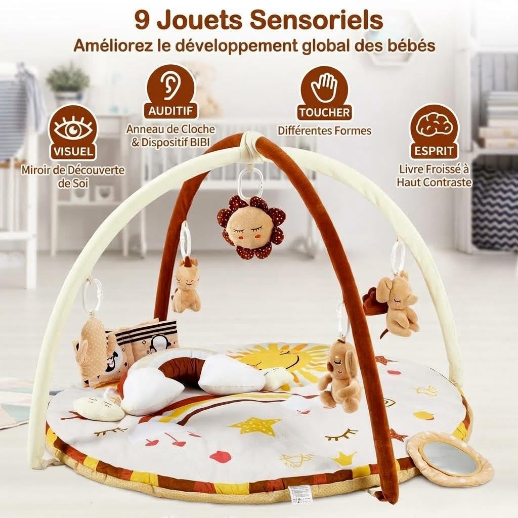 Tapis d'Éveil Bébé 2 En 1 Avec 9 Jouets Détachables Et Sensoriels 0-12 Mois