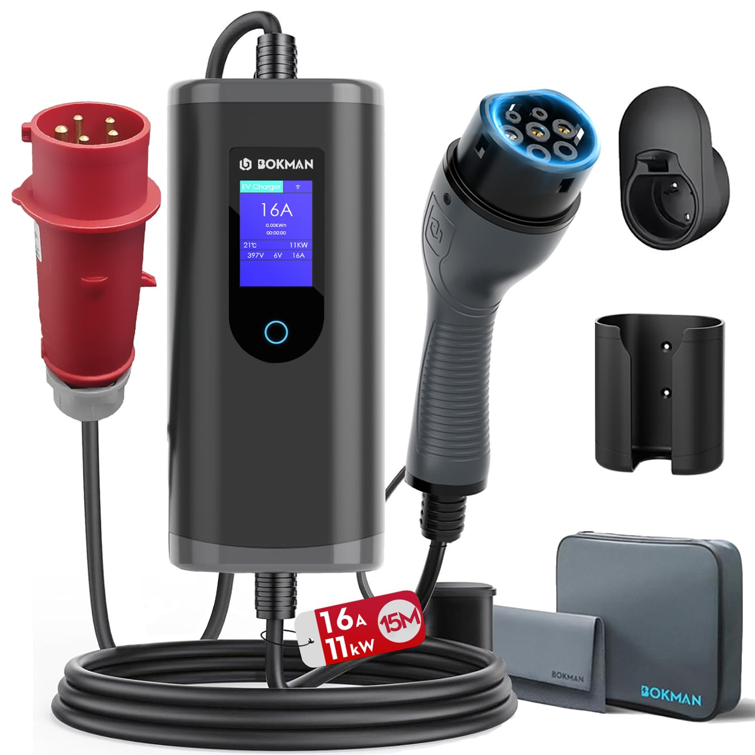 bokman Cavo di Ricarica da Tipo 2 5 Pin CEE, 15 Metri | 6-16A | 11kW | IP65 Impermeabile, Caricabatterie EV con Spina CEE per IEC 62196-2 e Borsa per Il Trasporto e Asciugamano in Microfibra