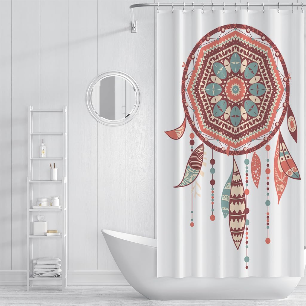 Cortina de Ducha 240 x 200 cm Dreamcurtain Retro Roja con Estampado Bohemio de Plumas Sobre Fondo Blanco para Bañera de Niños, Niñas y Adolescentes. Tejido de Poliéster Impermeable para decoraci