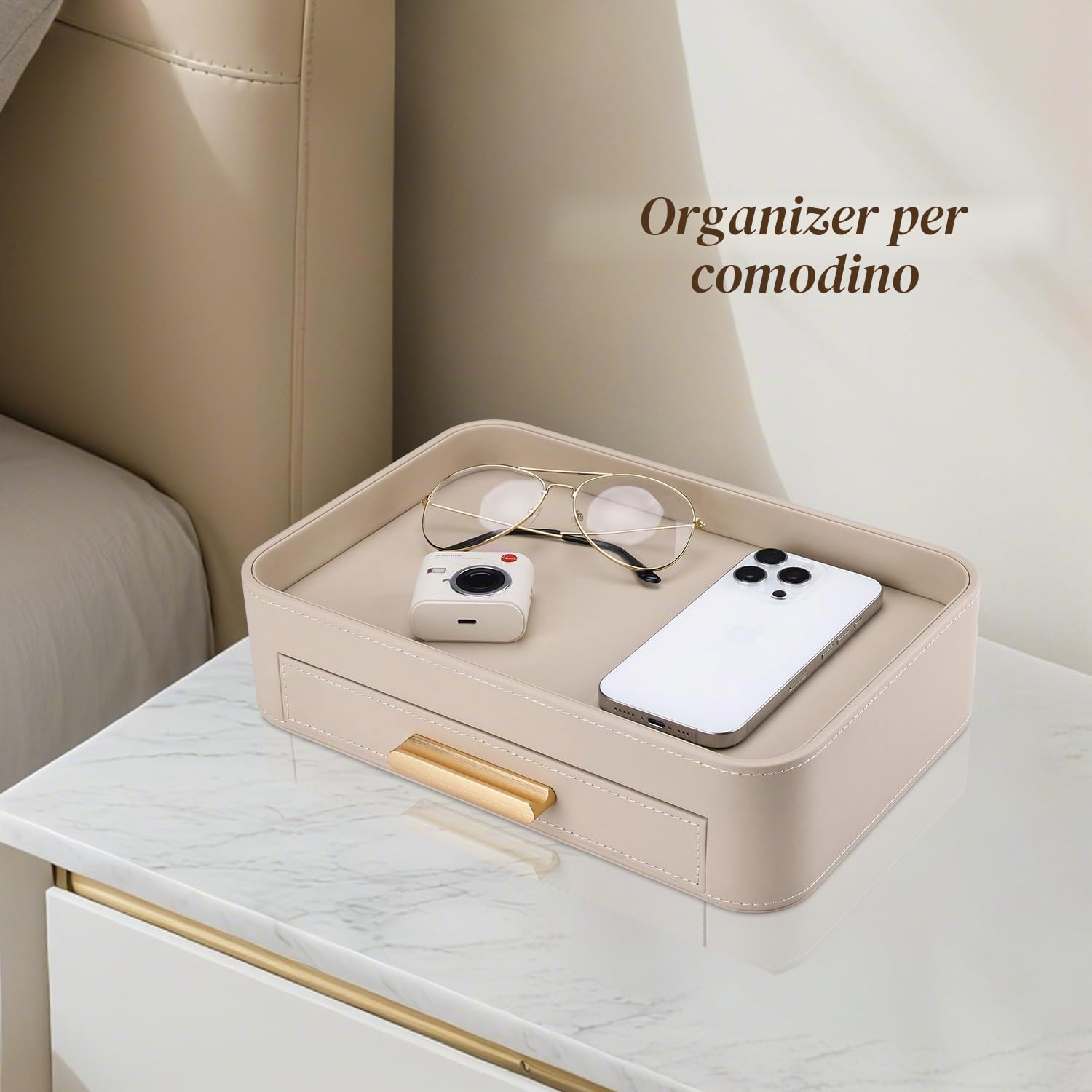 GORESE Svuotatasche, Vassoio Portaoggetti con Cassetto in Pelle Porta Gioielli Organizer per Cassetti Vassoio da Letto Organizzatore da Scrivania per Chiavi,Occhiali,Beaute,Gioielli(Beige)