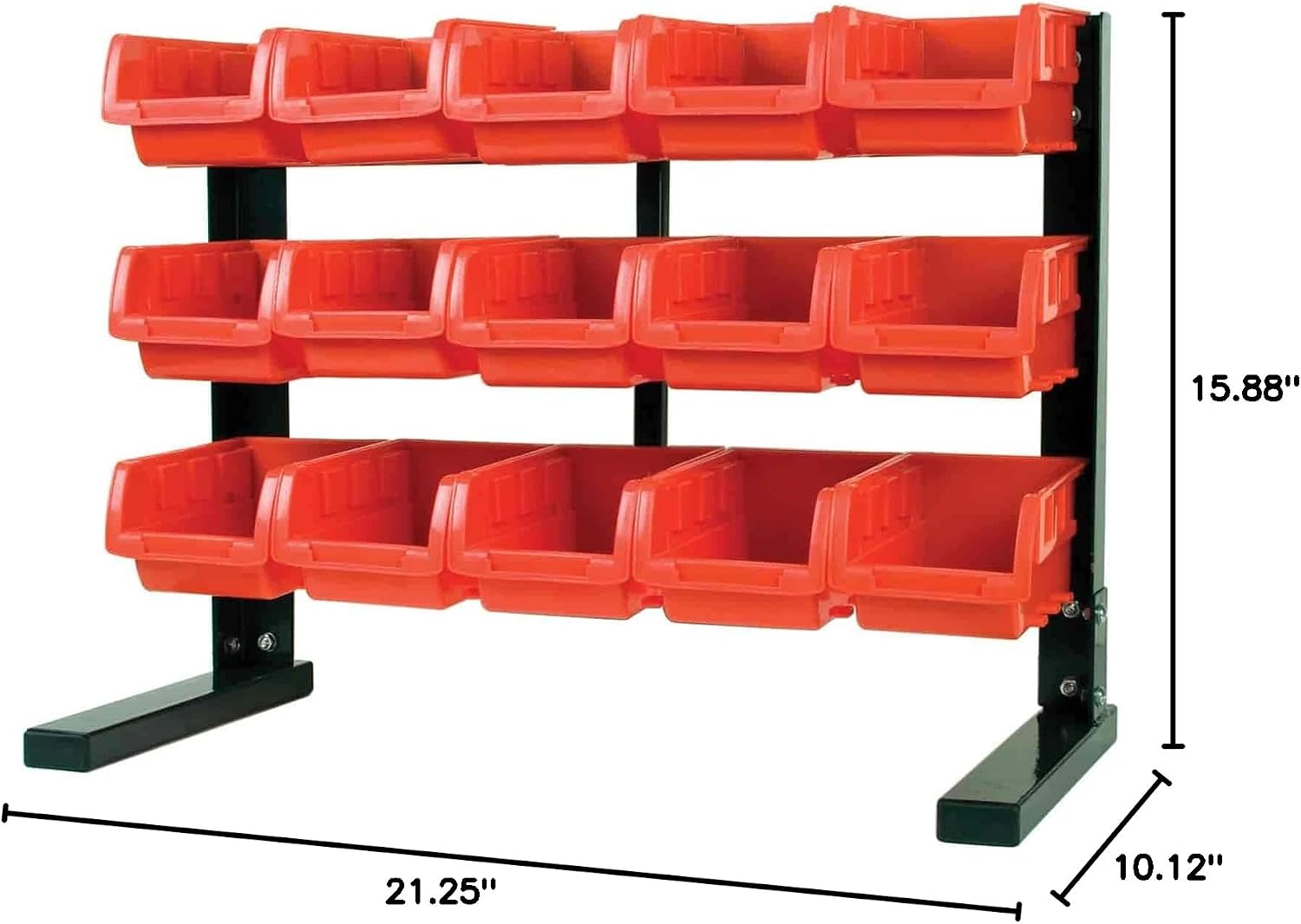 JEGS Tabletop Storage Rack | Black Powdercoated Steel Frame | Includes 15 Red Plastic Storage Bins and Mounting Hardware
