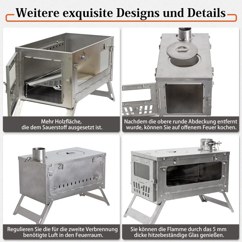 TOMOUNT Zeltofen Titanium Ofen Titan Kompakt 38,5cm Holzofen Tragbar Campingherde mit 3M Schornsteinrohr Holzkocher für Zelte, Unterkünfte und Camping