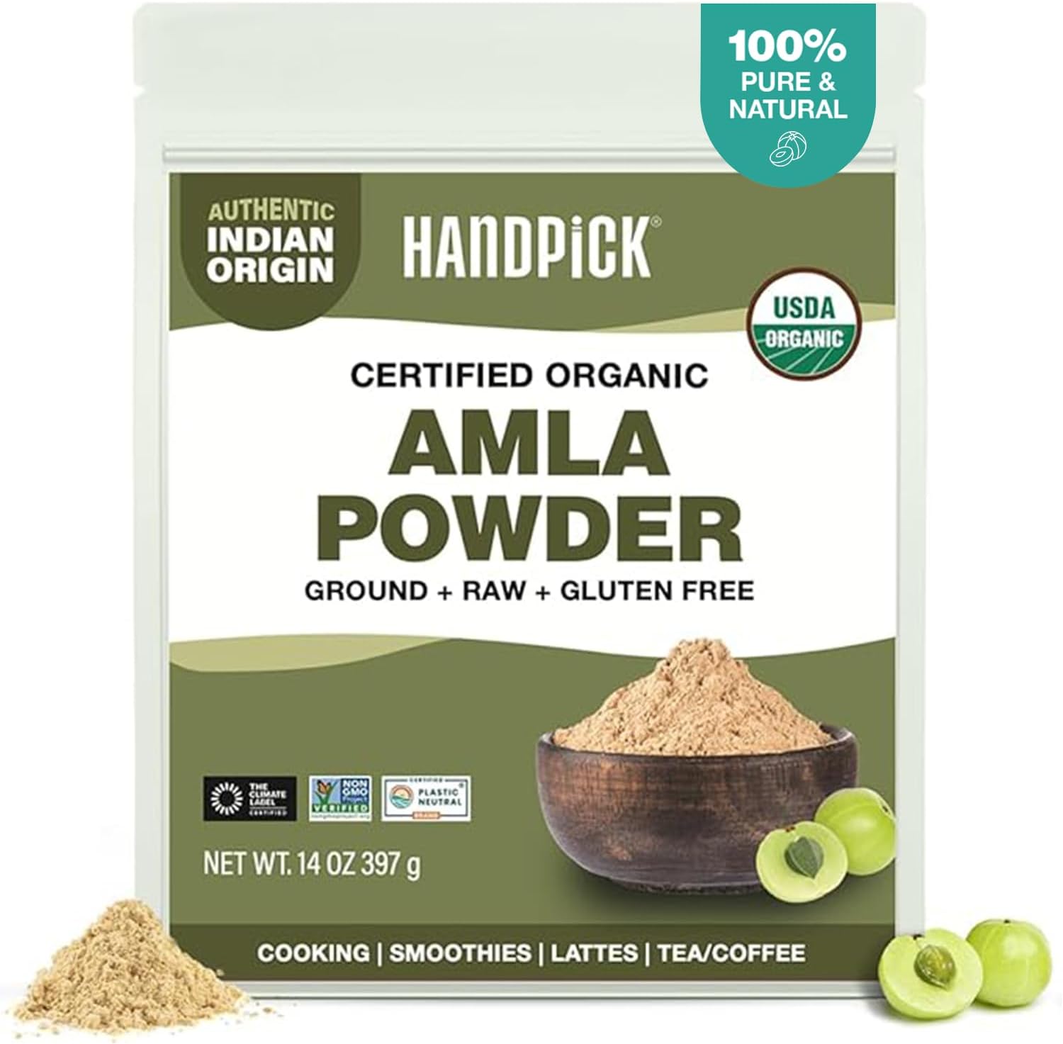 HANDPICK Organic Amla Powder (14oz) Amalaki, USDA Organic, Non-GMO | 100% Raw and Natural - Lab Tested for Purity | Indian Gooseberry Powder | Resealable Zip Lock Pouch (Packaging may vary)