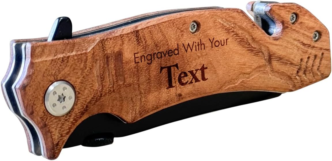 PlaqueMaker Customizable Folding Knives or Multi-tools, Personalized Pocket Knife for Men and Women, Gift for Father's Day, Birthday, Anniversary, Wedding, Housewarming (Wood with Sheath)