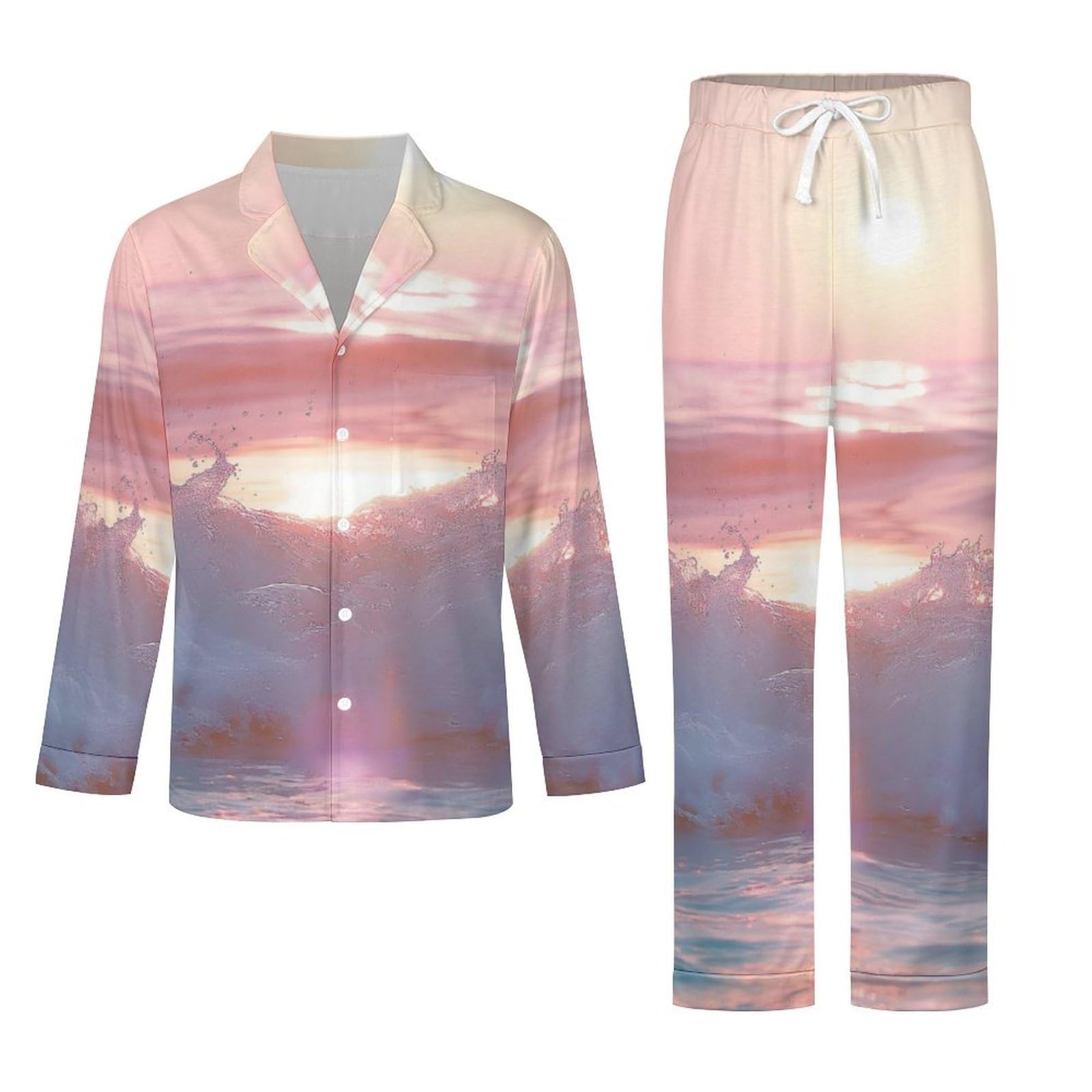 OLEETS Completo Pigiama da Uomo 2 Pezzi - Paesaggio della Spiaggia Top E Pantaloni in 2 Pezzi Pigiama Casual E Ampio A Maniche Lunghe Morbido Autunnale E Invernale.