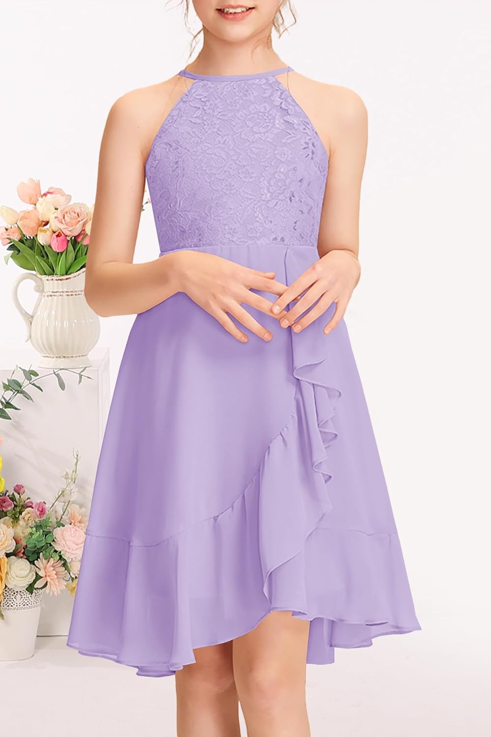 MITILLY Girls Lace Flower Ruffle Dress Chiffon Halter A Line High Low Flowy Junior Bridesmaid Dresses for Wedding Party - Image 2